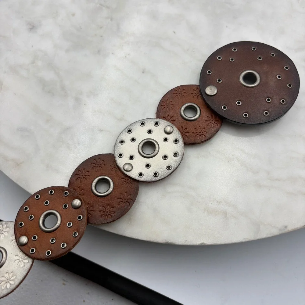 Y2K Genuine Leather Disc Belt Womens M Brown Silver Grommet Boho Studded Western